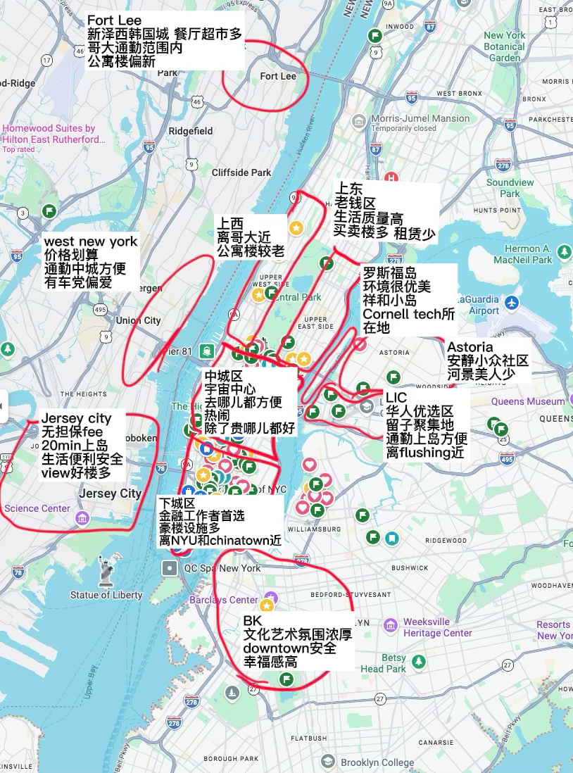 Annotated map of common NYC-area rental neighborhoods showing commute, amenities, and community character