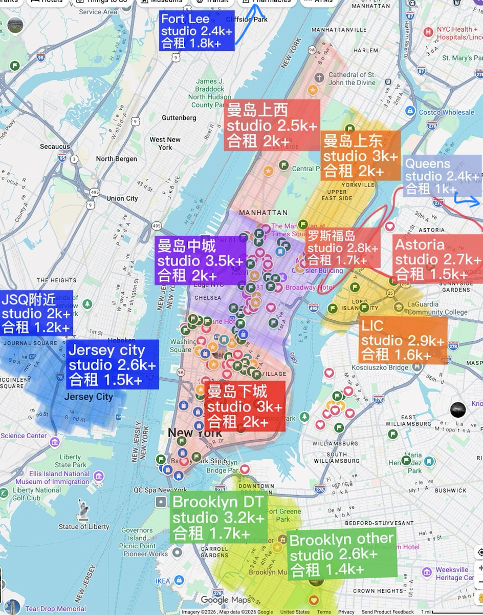 Reference chart of studio and shared rents across common NYC-area rental neighborhoods